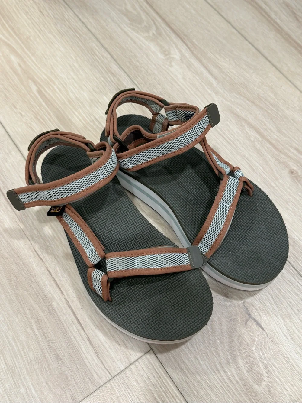 Teva Olive and Tan Platform Sandals with Light Blue Accent